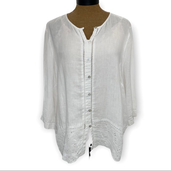 J. Jill Tops - J.Jill Love Linen pure white linen 3/4 sleeve blouse eyelet trim shell buttons